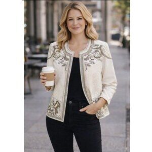 Christopher & Banks Women's Cream Embroidered Open-Front Jacket Small